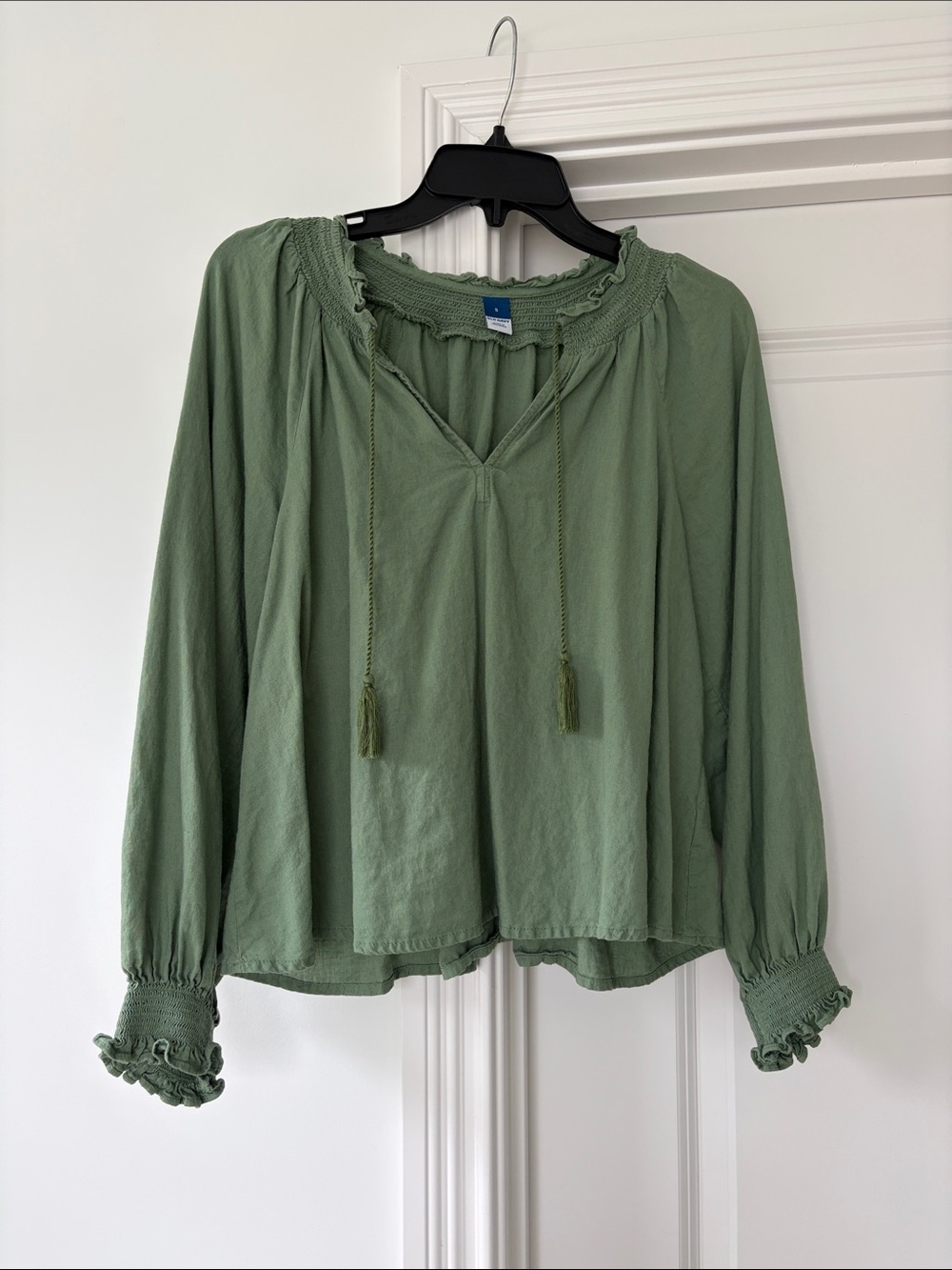 Old Navy Light Sage Green Peasant Blouse with Tassel Tie